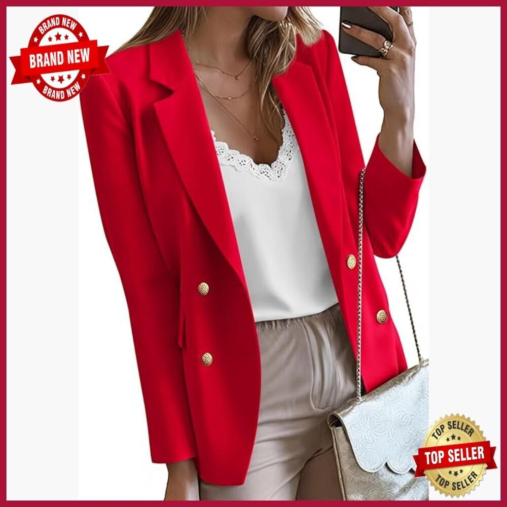 Double Breasted Blazer with Pockets, Notch Lapel, Long Sleeve, Polyester